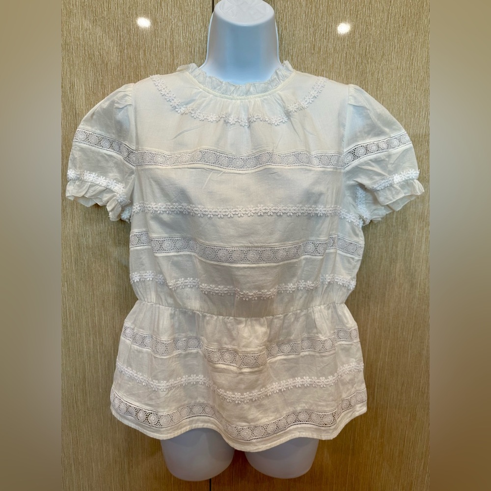 NEW J. Crew White Daisy Chain Peplum Top Crochet Lace Trim Size S